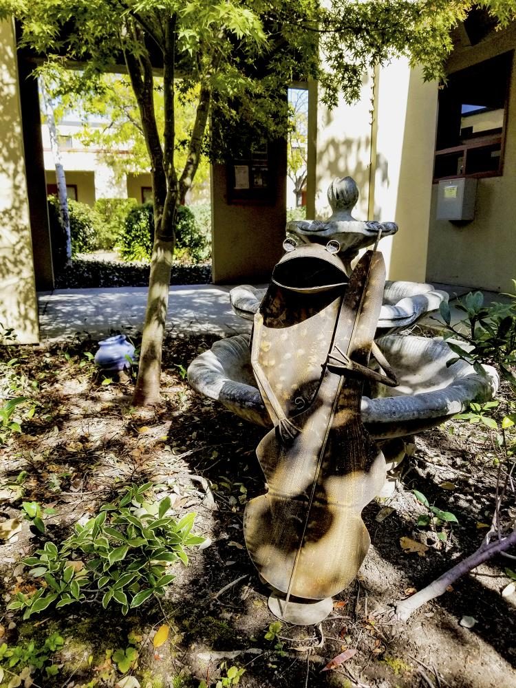 A statue of a frog sits in the Fine and Applied Arts Office area of American River College. (Photo by Hannah Yates)