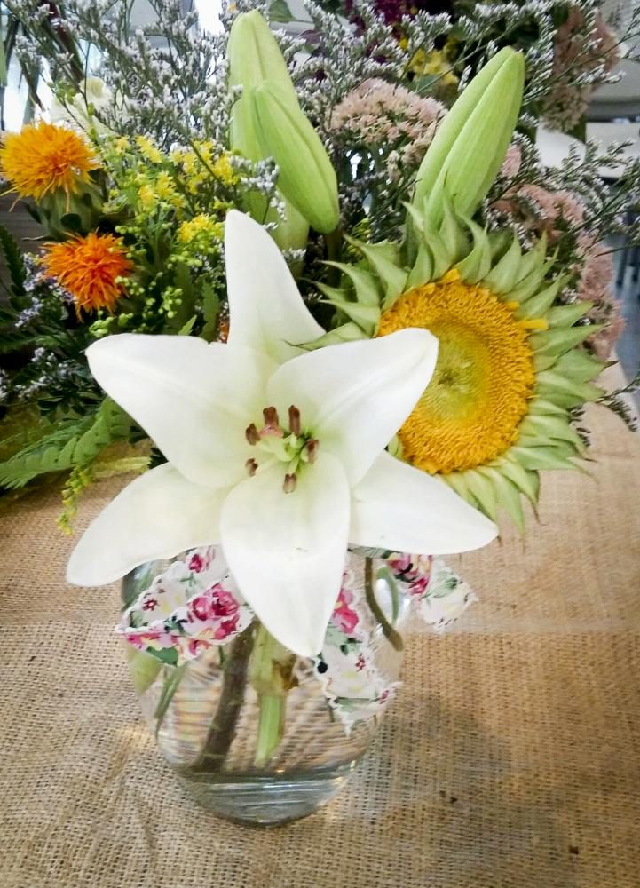 A flower arrangement sits on display during a flower sale at American River College on Sept. 28, 2017 in Sacramento, California. The Horticulture Department hosts a flower sale every Thursday inside the cafeteria.  (Photo by Nathan Bauer)