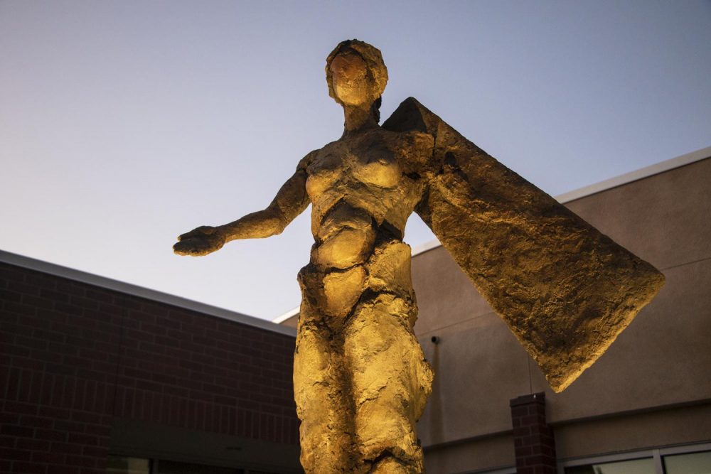 Agoras Light sculptures designed by local artist Garr Ugalde are located around the Student Services Building at American River College. (Photo by Luis Gael Jimenez)