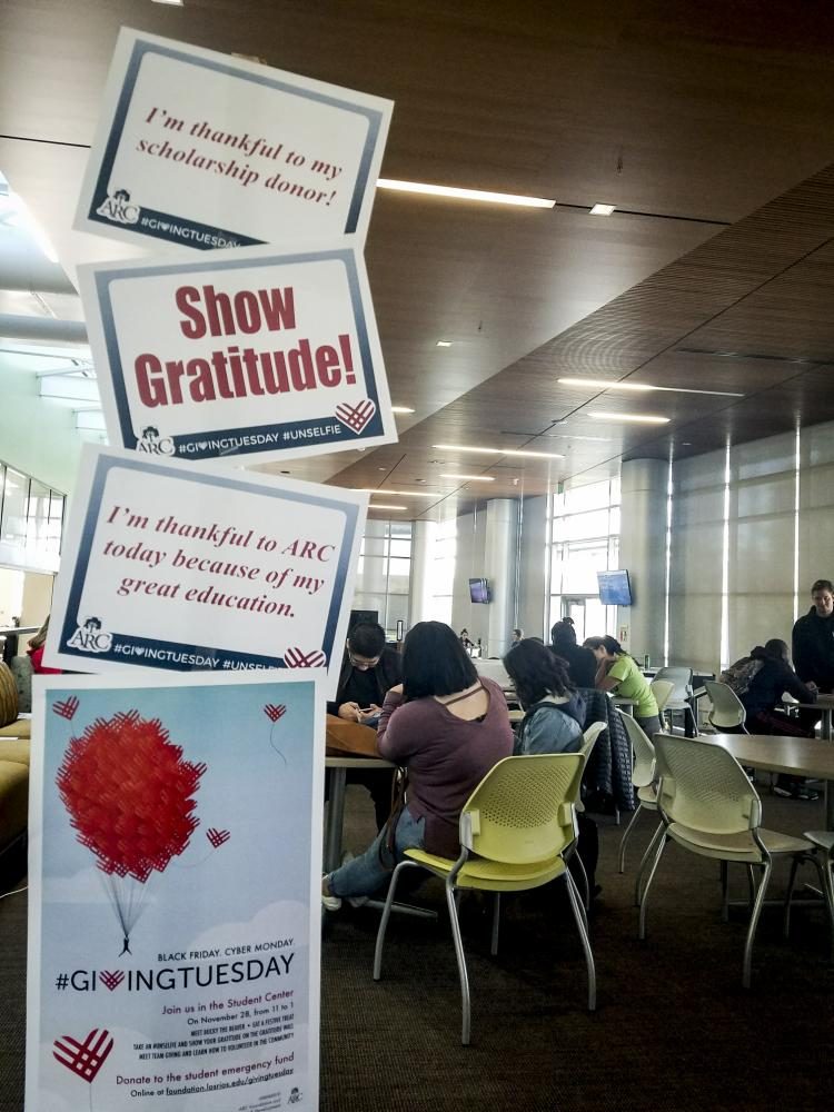 A Giving Tuesday sign stands in the student center at American River College on Nov. 28. The Giving Tuesday event is happening at 11 a.m. to 1 p.m. at the student center. (photo by Ashley Hayes-Stone)
