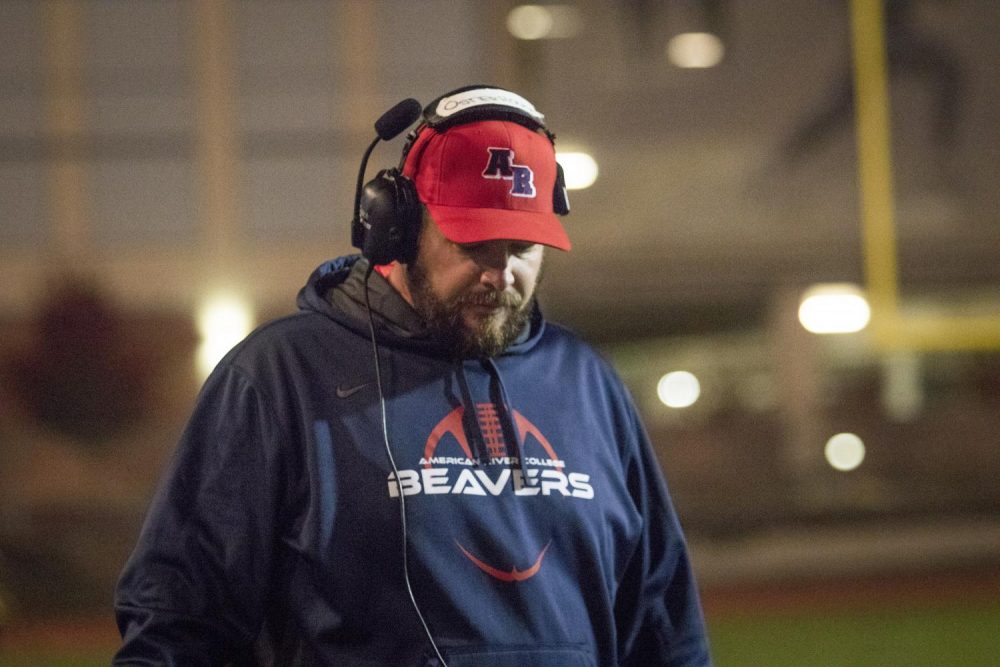 Coach Jon Osterhout stands on the sideline  during the loss of the California Community College Athletic Association State Championship at American River College on Nov. 25. (Photo by Ashley Hayes-Stone)