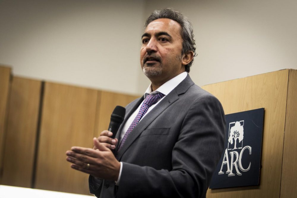 Congressman Ami Bera speaks at American River College on Nov. 20. (Photo by Ashley Hayes-Stone)