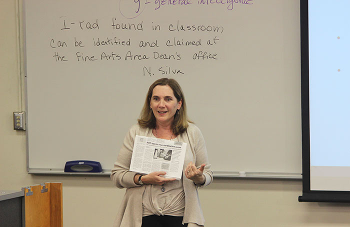 Interim Dean of Undergraduate Education at Chico State, Kate McCarthy, lecturing on religion in Twenty-First Century America during College Hour on November 2, 2017. (Photo by John Ennis)