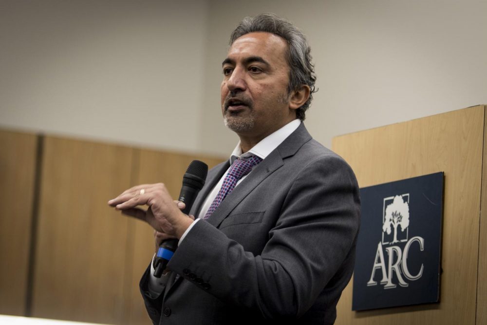 Congressman Ami Bera speaks at American River College on Nov. 20. (Photo by Ashley Hayes-Stone)