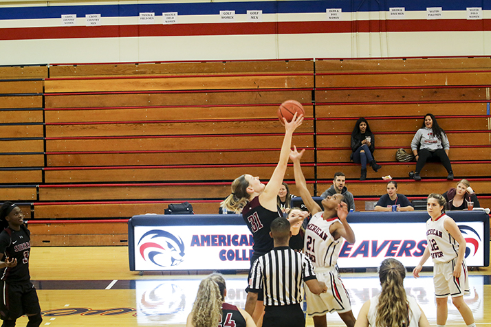 American River College guard Jasiah Sufi battles with Sierra College forward Grace Hester for the opening tip-off during a womens basketball game on Jan. 23 at American River College in Sacramento, Calif. (photo by Gabe Carlos)