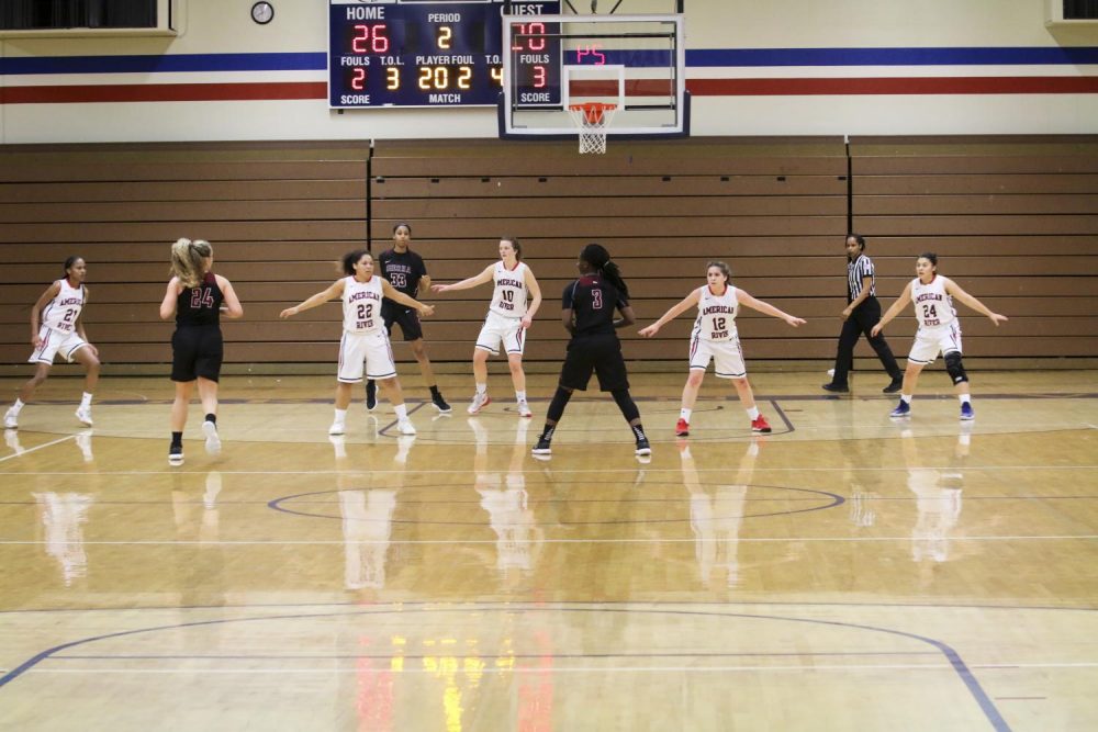 The American River College womens basketball team spreads across the floor to defend against Sierra College during a game on Jan. 23. ARC lost 92-71. (Photo by Gabe Carlos)