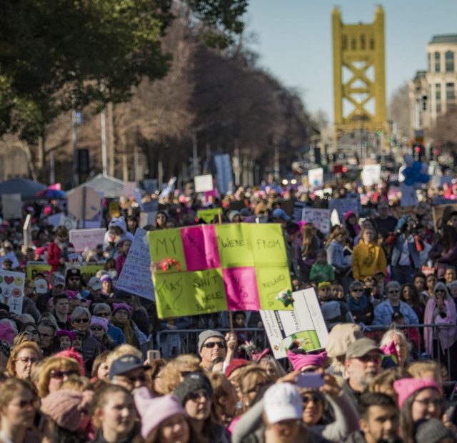 A crowd of more than 30,000 people gather in front of the Sacramento Capitol to advocate women’s right on Jan. 20, 2018 in Sacramento, California.
