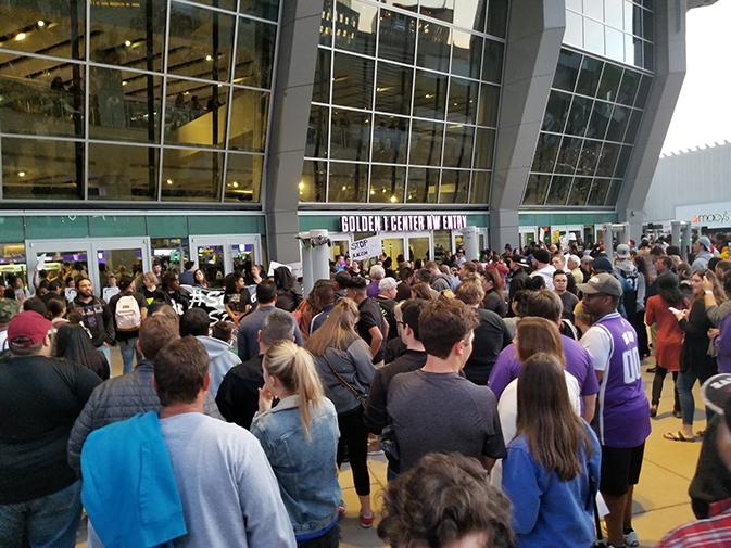 Sacramento Kings fans were prevented from entering the Golden 1 Center after protestors blocked all openings on March 27, 2018. This was the second such protest in the last week after the fatal shooting of Stephon Clark. (Photo by Hannah Yates)