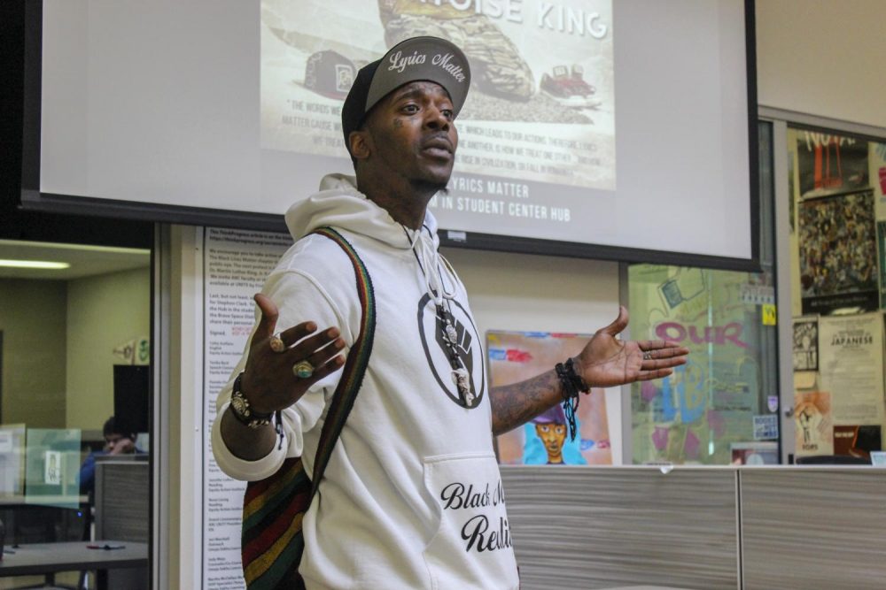 Rapper Aurellius the Saint lectures on the power of words in the Hub at American River College on April 17, 2018. (Photo by Jennah Booth)

