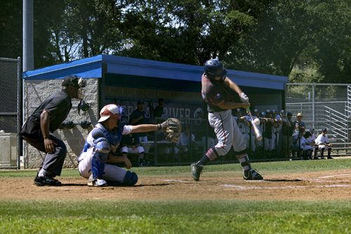 A Galivan baseball player swings at a ball during a game against American River College on April 24. ARC won 18-11. (Photo by Michael Pacheco)