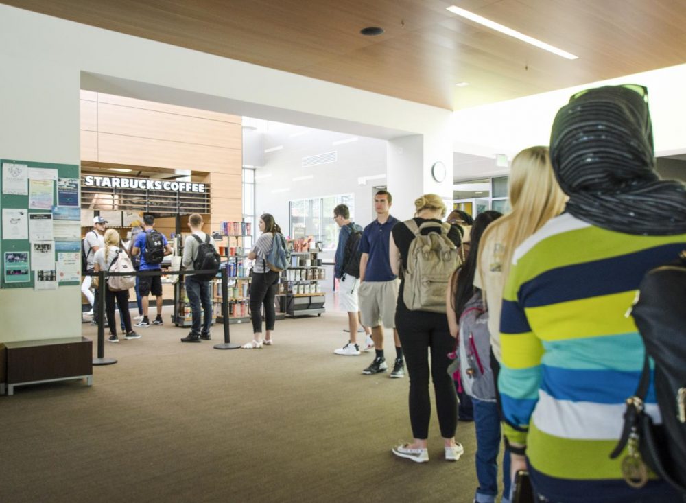 Students wait in line at American River Colleges Starbucks location on Aug. 28, 2018. (Photo by Ashley Hayes-Stone) 