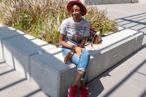 Psychology Major, Delashawn Taplin wears fall colors outside the Student Center at American River College on Aug. 28 (Photo by Patrick Hyun Wilson)