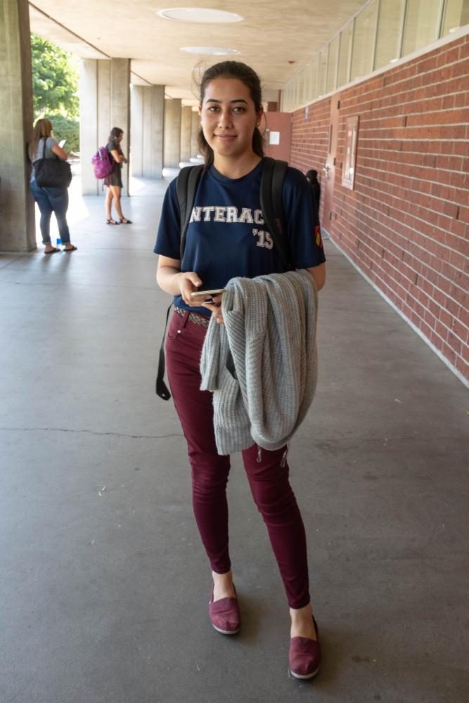 Biology major, Fatimah Yosefi walks the halls of Davies Hall dressed in American River College colors on Sept. 4. Im on Instagram a lot so I follow a lot of bloggers. I get my style from them, Yosefi said. (Photo by Patrick Hyun Wilson)