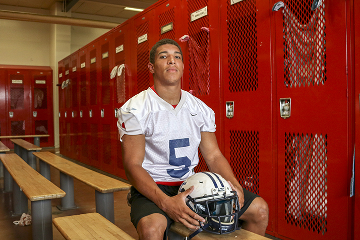 Evyn Holtz, running back for the American River College football team, prepares for practice in the football locker room on Oct. 23, 2018. (Photo by Christian Sutton)