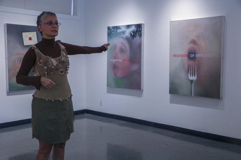 Artist Haleh Niazmand reveals her experiences as an activist, artist and mother of a child with Autism on a reception on the Gallery James Kaneko at the American River College on Sept. 25. The exhibit “Considerations Sanity In Surrender” is at the James Kaneko Gallery until October 18. (Photo by Itzin Alpizar)