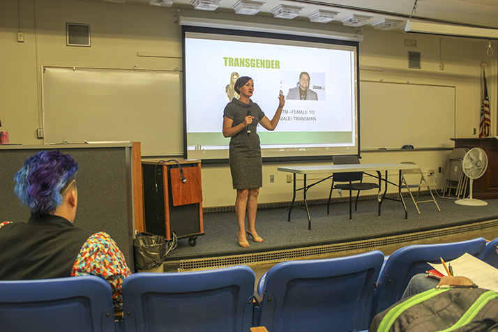 Emilie Mitchell, a professor of psychology and coordinator for the Pride Center, led the LGBTQ+ ally training on Sept. 20, 2018. (Photo by Hannah Yates)