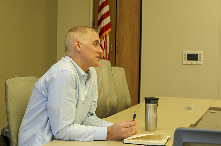 Newly appointed advisor and Student Life Supervisor Brett Sawyer addressed the different club representatives during a Clubs and Events Board meeting at American River College on Oct. 15, 2018. (Photo by Hameed Zargry)