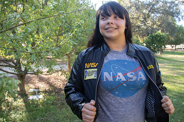 Jessica Shults, an astrobiology major at American River College, was part of the SSGX team. She hand-soldered components and designed logos for the project, which she wore as patches on her team jacket on Oct, 9,2018. (Photo by Ashley Hayes-Stone)