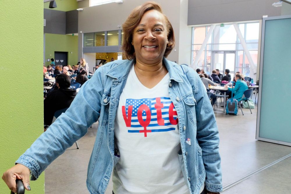 Michele Gobern, Drug and Alcohol Social Work major, sports a “Vote” shirt on Election Day in the Student Center at American River College on Nov. 6, 2018. (Photo by Patrick Hyun Wilson)