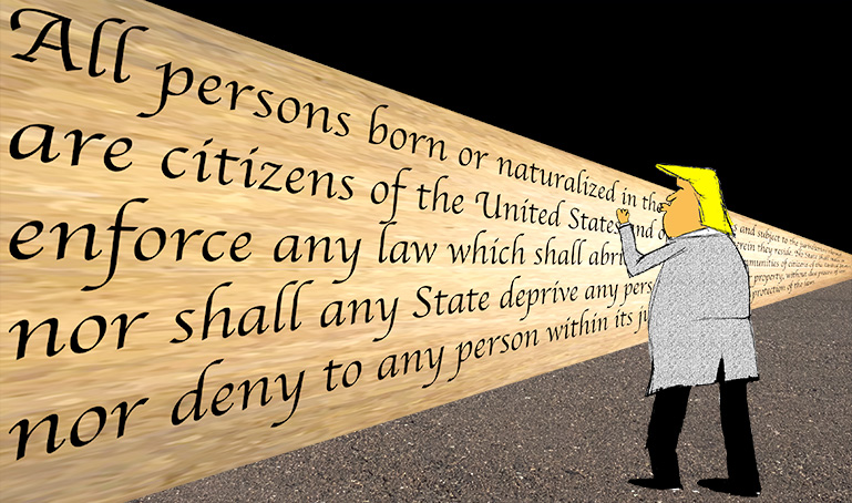 President+Donald+Trump+plans+to+challenge+the+14th+Amendment+by+signing+an+executive+order+to+take+away+birthright+citizenship.+%28Graphic+illustration+by+Patrick+Hyun+Wilson%29