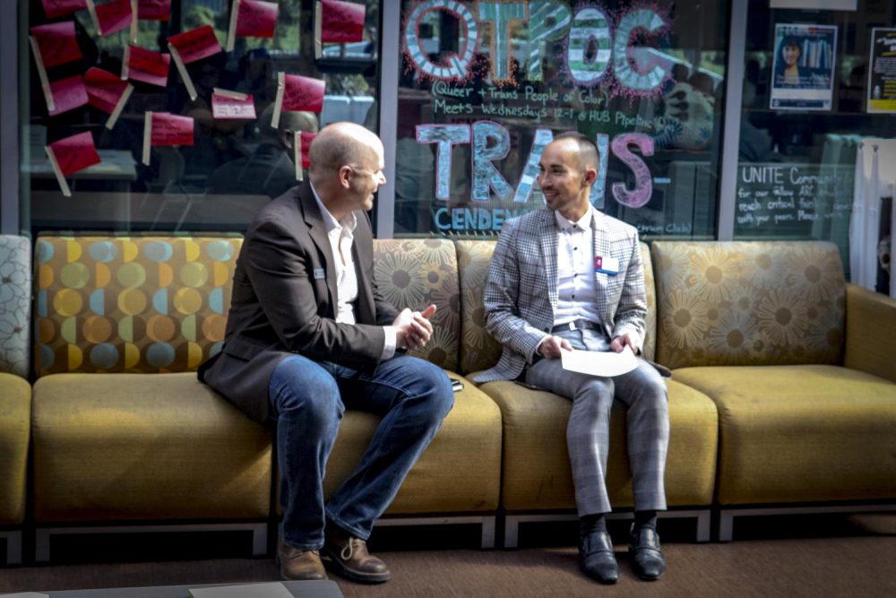 President Thomas Green (left) disscusses happenings at the Equity and Inclusion Town Hall Summit with Joshua Moon Jonson, dean of student services (right) in the Student Center at American River College on Oct. 26, 2018. (Photo by Tracy Holmes)
