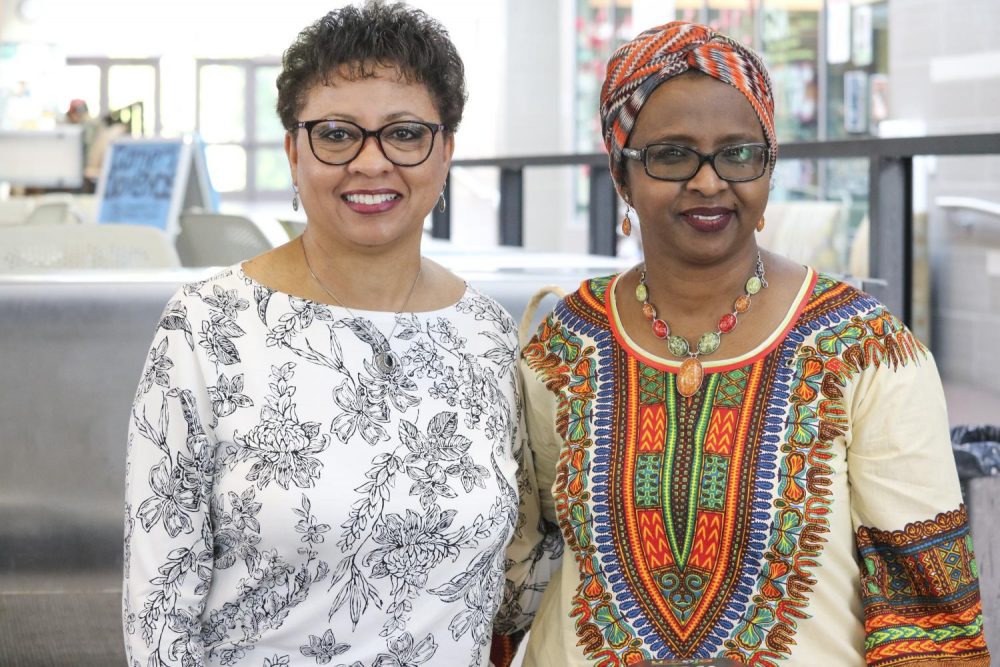 Counselors Nimo Ali and Judy Mays represent  the Umoja Sakhu Club during the Historically Black College and Universities Transfer Fair in the Student Center at American River College on Nov. 2, 2018. (Photo by Breawna Maynard)