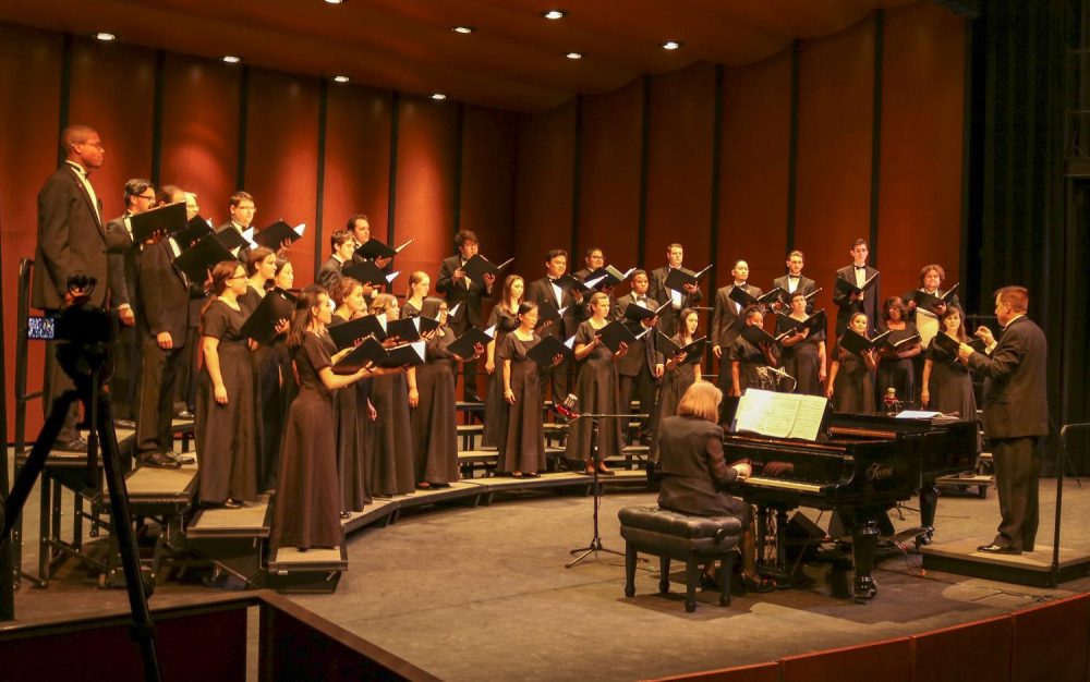 American River College Chambers singers sing “Fly Over Paradise” in a live Fall Choral Invitational Concert at ARC’s theater on Nov. 5, 2018. (Photo by Hameed Zargry)