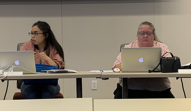 President Rebeca Rico-Chavez and Parlamentarian Tamara Dunning listen in at the Student Body Senate meeting on Feb. 2 at American River College. (Photo by Gabe Carlos)