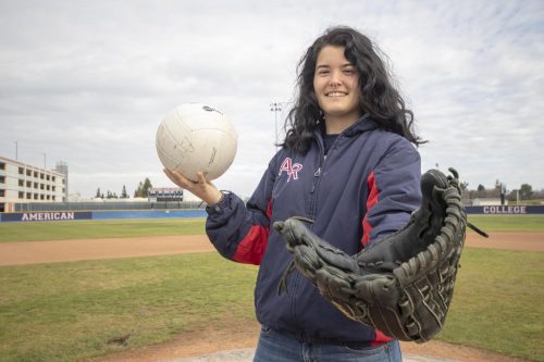 American River College athlete Rachel Harvell  balances playing volleyball and softball at ARC. Harvell enjoys playing both sports as it brings a challenge to herself. (Photo by Ashley Hayes-Stone)
