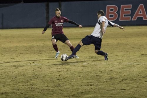 Sacramento Republic midfielder Villyan Bijen challenges the ball against a Sacramento Gold player during a preseason game at American River College on Feb. 9, 2019. Republic FC won the game, 5-0. (Photo by Ashley Hayes-Stone)