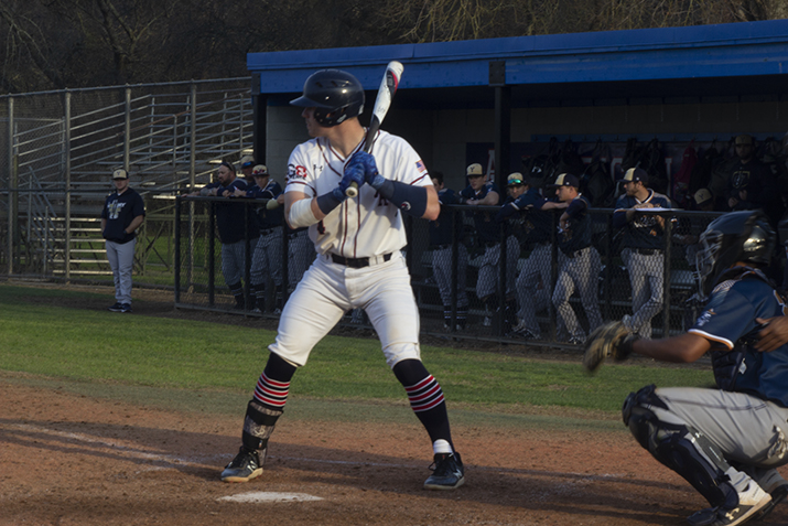 American River College catcher Casey DeMello steps into the batters box against Yuba College. DeMello went 0-3 with one walk and one strikeout. ARC lost to Yuba College 5-3. (Photo by Gabe Carlos)