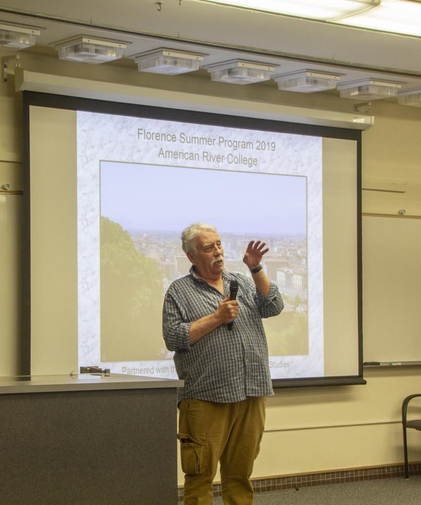 Behavioral and social sciences professor Bill Wrightson gives a presentation about the study abroad program to Florence, Italy during a college hour at American River College on Feb. 7, 2019. (Photo by Hameed Zargry)