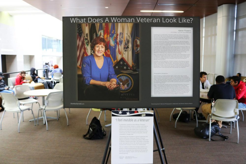 To celebrate Women’s History Month, the Veterans Resource Center placed multiple displays in the lobby of the student center at American River College on March 4, 2019, to honor female veterans and their accomplishments, in and out of the armed forces. An example of one these veterans is Karen Flowers, who is the Supervisor of Public Contact of the Veterans Service Center in Oakland. (Photo by Thomas Cathey)
