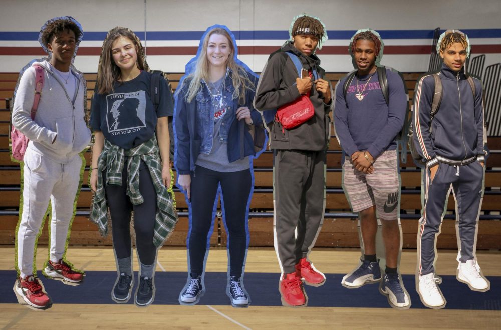 American River College students show how they style athleisure. From left to right: Chris Bush, Erika Beknazarov, Coleen Francis, Larynz Stallworth, Jalyn Norris, Jalin Wiggins. (Photo illustration by Irene Jacobs)