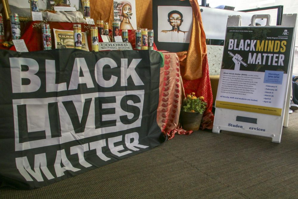 A banner for the Black Minds Matter event is set up next to the Black Lives Matter display shown in the Student Center at American River College on March 6, 2019. (Photo by Anthony Barnes)