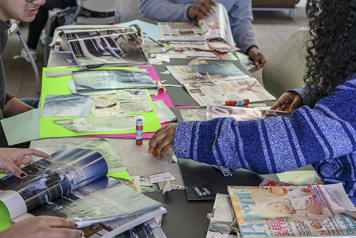 American River College students work on vision boards at the vision board workshop in the Student Center at American River College on Feb 12.