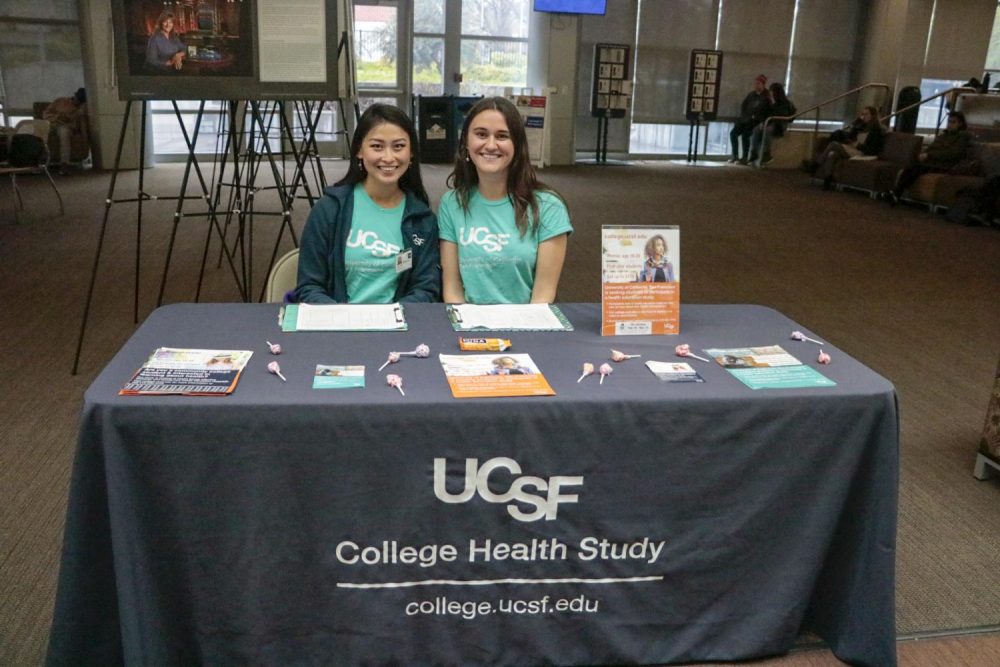 Research analysists Leslie Fung (left) and Natalie Croul (right) from the University of California, San Francisco are seeking to enroll 74 female students in a college health study to collect data for UCSF’s women’s health department, in American River College’s Student Center on March 5, 2019. Fung and Croul will be in the Student Center until March 14, 2019. (Photo by Ariel Caspar)