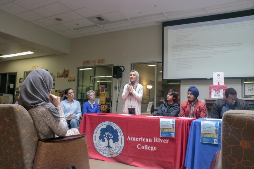 Aesha Abdul Jabbar, a biology major, delivers a speech about why students should vote for her to be Associate Student Body president during a forum on the upcoming election in the Hub on April 2, 2019. Students can vote online through eServices from 5:30 a.m. until 11:30 p.m. on April 9 and 10. (Photo by Hameed Zargry)