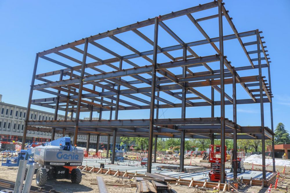 During spring break, Flint construction workers made progress on the new science, engineering and mathematics or STEM Innovation building by assembling the framework of the building at American River College on April 22, 2019. (Photo by Thomas Cathey)