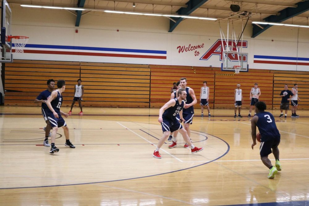 American River College players look on during a three-on-three scrimmage at practice at ARC on Feb. 6, 2019. (Photo by Anthony Barnes)