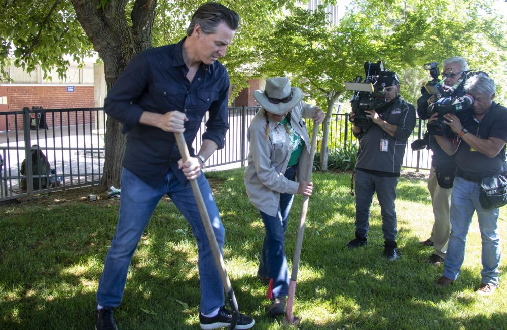California Governor Gavin Newsom job shadows American River College Groundskeeper Brenda Baker as she replaces a sprinkler head in front of the Ranch House during International Workers’ Day on May 1, 2019. (Photo by Emily Mello) 