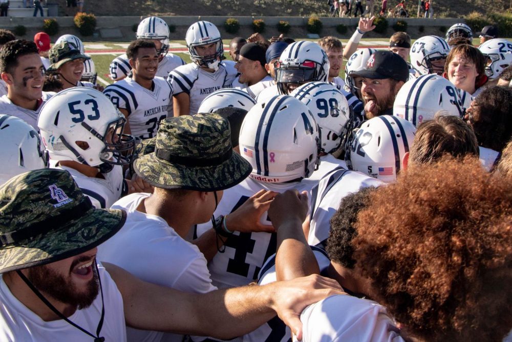 The American River College football team celebrates a 22-7 victory after the game at Sierra College on Oct. 20, 2018. (File Photo)