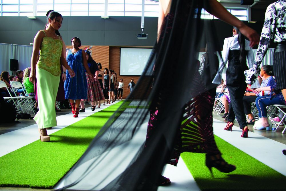 Models walk the runway in the Student Center during the finale of the 18th annual fashion show “Homogany” put on by the American River College fashion department on May 4th, 2019. (Photo by Ashley Hayes-Stone)