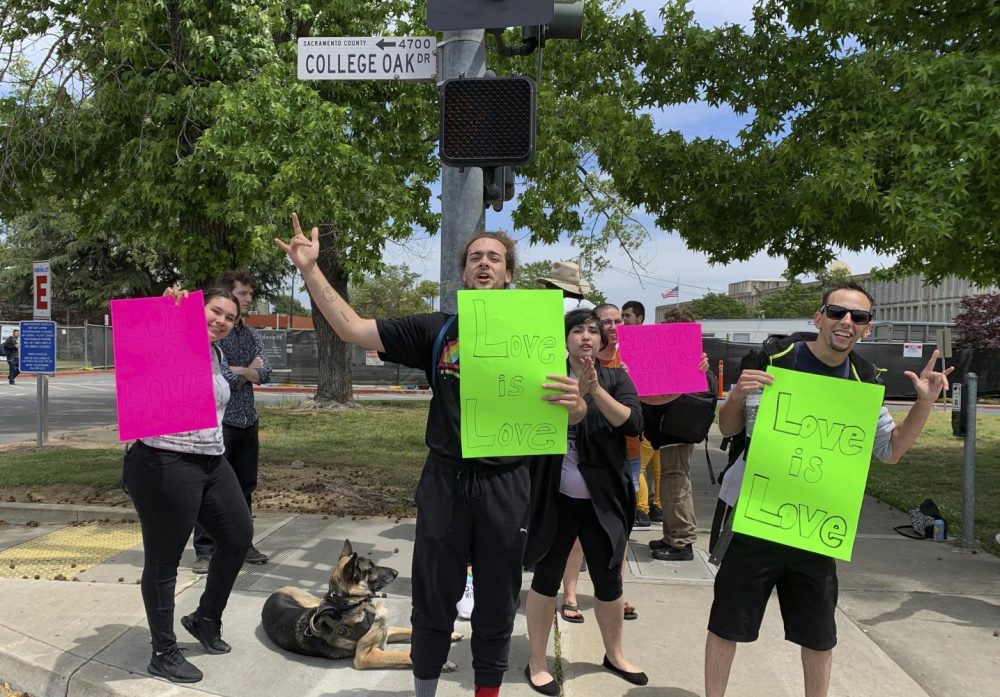 Counter-protesters from American River College attempt to divert attention away from Chauncey Killens’ controversial message on May 13, 2019. (Photo by Luis Gael Jimenez)