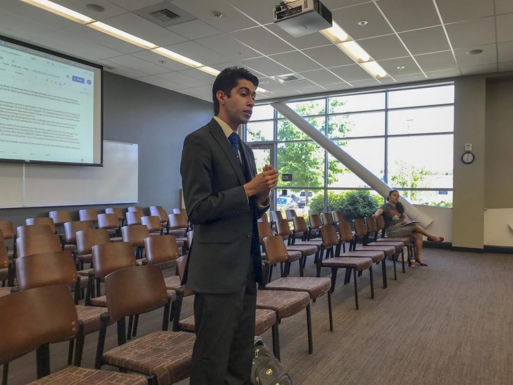 Secretary of the American River College Engineering Club, Jesbaam Sanchez advocates for a $2,500 grant at the Associated Student Body board meeting on behalf of the club on May 3, 2019.