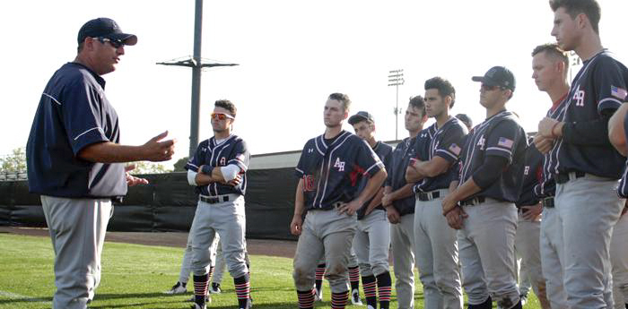 American River College baseball manager Doug Jumelet talks to his team after getting routed 15-7 by Diablo Valley College in 2015. Jumelet is not qualified to manage the baseball team for he hasn’t finished with a winning record since 2005. (File Photo)