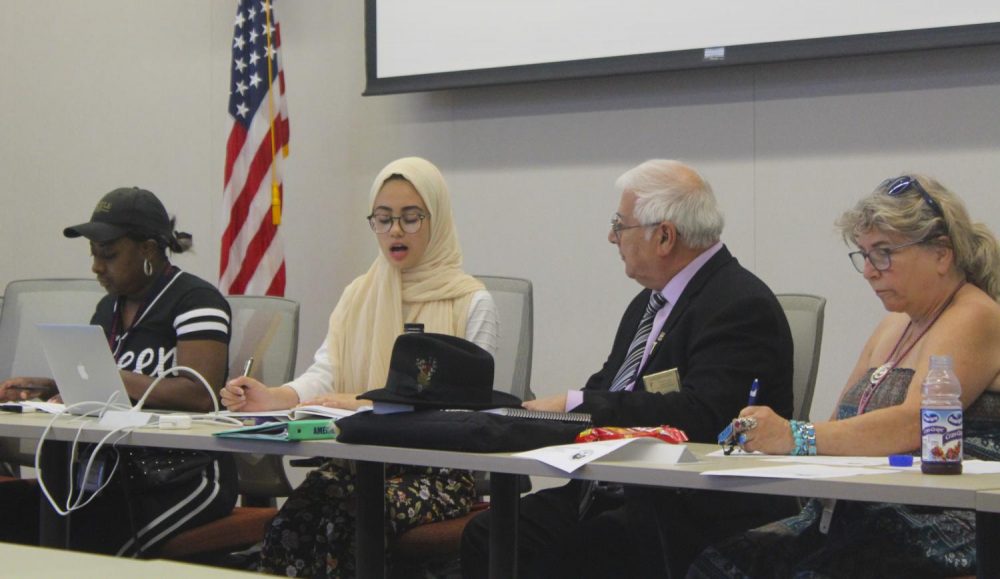 ASB met on Aug. 30, 2019 to discuss three bills, American River College Student Senate President Aesha Abduljabbar addresses the senate and calls for a vote on a bill. (Photo by Josh Ghiorso)