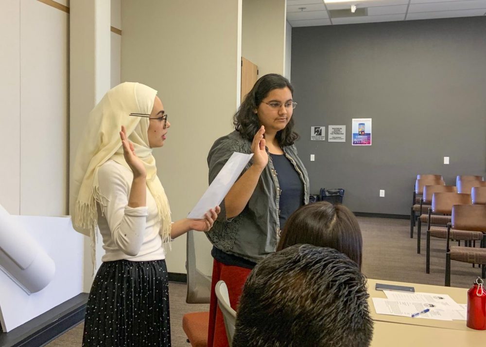 ARC Student Senate President Naomi Dasari (pictured, right, on Sept. 13, 2019) has been lobbying for SB 291 and more affordable college since last semester. (File photo by Alexis Warren)