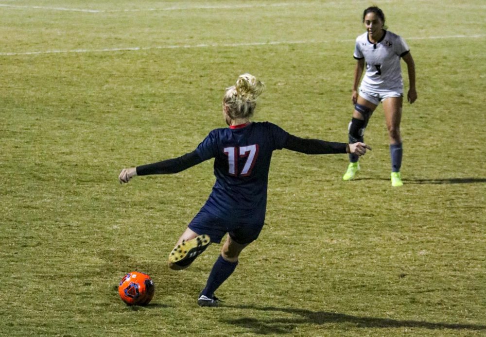 Beavers defender Haley Norlie passes the ball at the game against San Joaquin Delta at American River College on Nov. 8, 2019. ARC lost 0-1. (Photo by Bram Martinez)