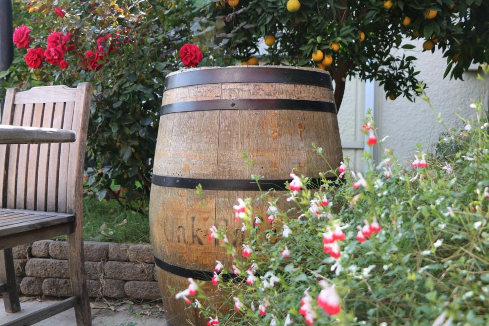 James Kaneko Gallery has a barrel labeled “Oak Cafe”,  which sits on the opposite side of where the Oak Cafe used to be at American River College. Nov.13, 2019 (Photo by Jack Harris) 
